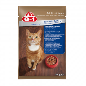 מזון רטוב (פאוץ’) מלא ומאוזן לחתולים בוגרים עם בשר בקר